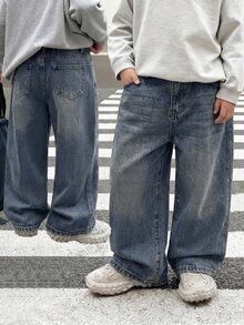 SHEIN 小男孩休閒水洗寬鬆牛仔長褲 - 深色水洗藍 - 查看 1
