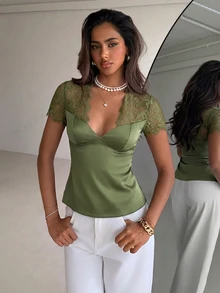 Aloruh 女款性感蕾絲拼接緞面優雅襯衫 - 軍綠色 - 查看 3