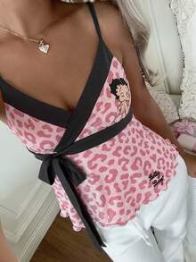 CovetEZ Betty Boop x SHEIN Women's Leopard Print Contrast Color Casual Daily Wear Camisole Top - Multicolor - View 3