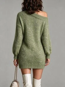 SHEIN 秋冬咖啡色不規則露肩寬鬆長版針織毛衣 - 綠色 - 查看 2