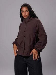 Rustia Solid Color Ruched Hem Silhouette Jacket, Stand Collar Button-Front Slimming Casual Lightweight Windbreaker - Brown - View 9