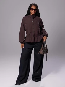 Rustia Solid Color Ruched Hem Silhouette Jacket, Stand Collar Button-Front Slimming Casual Lightweight Windbreaker - Brown - View 3