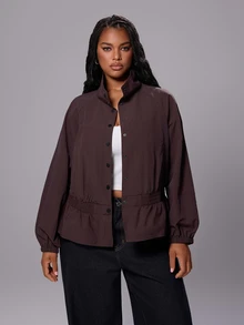 Rustia Solid Color Ruched Hem Silhouette Jacket, Stand Collar Button-Front Slimming Casual Lightweight Windbreaker - Brown - View 6