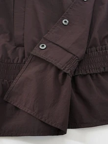 Rustia Solid Color Ruched Hem Silhouette Jacket, Stand Collar Button-Front Slimming Casual Lightweight Windbreaker - Brown - View 7