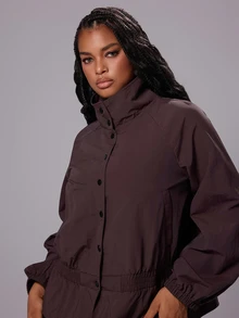Rustia Solid Color Ruched Hem Silhouette Jacket, Stand Collar Button-Front Slimming Casual Lightweight Windbreaker - Brown - View 5
