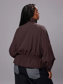 Rustia Solid Color Ruched Hem Silhouette Jacket, Stand Collar Button-Front Slimming Casual Lightweight Windbreaker - Brown - View 2