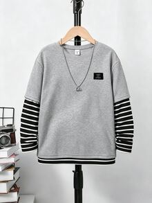 SHEIN 兒童青少年男孩條紋拼接 2 合 1 休閒針織 T 恤 - 灰色 - 查看 1