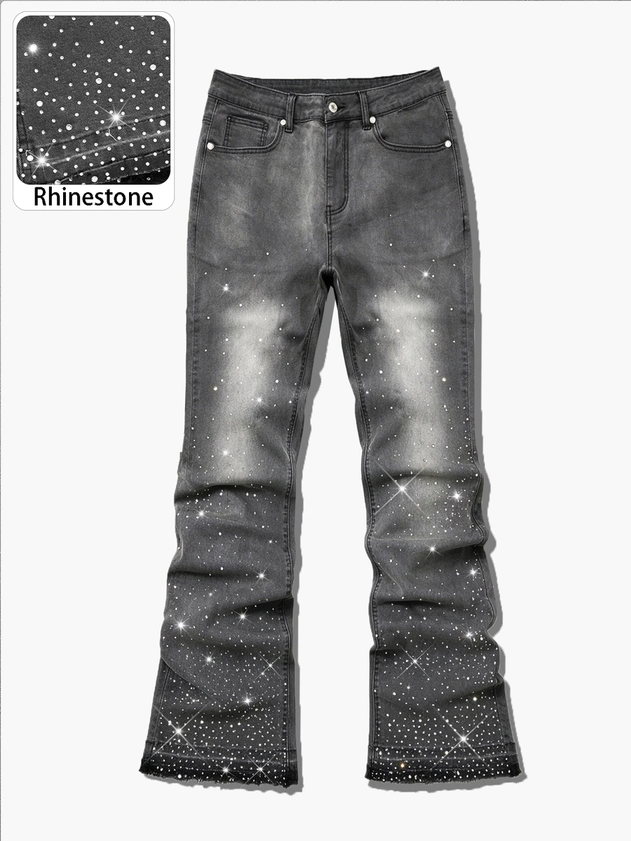 GALLERY FADE Men's Fashion Street Rhinestone Design Gradient Washed Stretch Denim Stacked Flare Jeans - Dark Grey - View 1