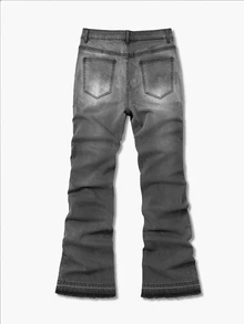 GALLERY FADE Men's Fashion Street Rhinestone Design Gradient Washed Stretch Denim Stacked Flare Jeans - Dark Grey - View 2