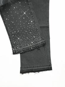 GALLERY FADE Men's Fashion Street Rhinestone Design Gradient Washed Stretch Denim Stacked Flare Jeans - Dark Grey - View 3