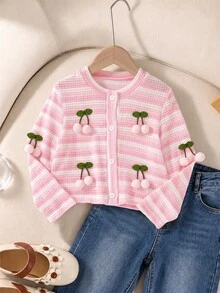 SHEIN Girls' Soft Textured Cable Knit Cardigan Jacket, Cute Elegant Sweet Princess Style, Versatile Fashion Outerwear For Spring Summer Autumn, Suitable For Daily Wear, Gatherings, Parties, Outings And School - Pink - View 5