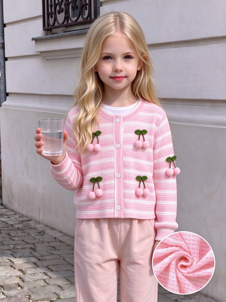 SHEIN Girls' Soft Textured Cable Knit Cardigan Jacket, Cute Elegant Sweet Princess Style, Versatile Fashion Outerwear For Spring Summer Autumn, Suitable For Daily Wear, Gatherings, Parties, Outings And School