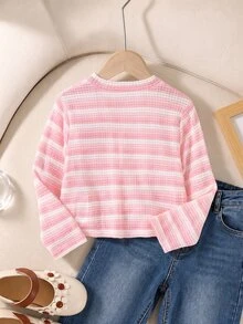 SHEIN Girls' Soft Textured Cable Knit Cardigan Jacket, Cute Elegant Sweet Princess Style, Versatile Fashion Outerwear For Spring Summer Autumn, Suitable For Daily Wear, Gatherings, Parties, Outings And School - Pink - View 3