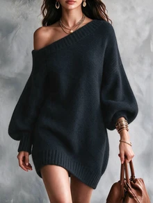 SHEIN Fall Winter Coffee Asymmetrical Cold Shoulder Oversized Long Knit Sweater - Black - View 7