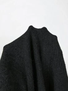 SHEIN Fall Winter Coffee Asymmetrical Cold Shoulder Oversized Long Knit Sweater - Black - View 4