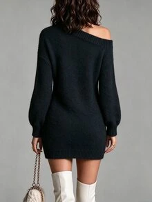 SHEIN Fall Winter Coffee Asymmetrical Cold Shoulder Oversized Long Knit Sweater - Black - View 2