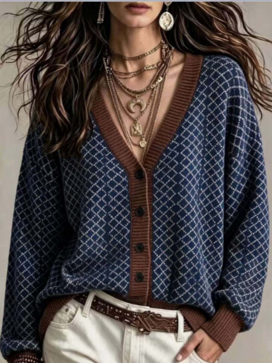 Trelyra 女款標準版型拼色格紋落肩長袖V領寬鬆針織開襟衫 - 藏蓝色 - 查看 1