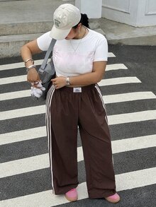 Muchica 大尺碼休閒白色拼接寬腿褲－適用於返校、騎單車、辦公室、健身與運動及其他日常場景（秋季款） - 咖啡棕 - 查看 4