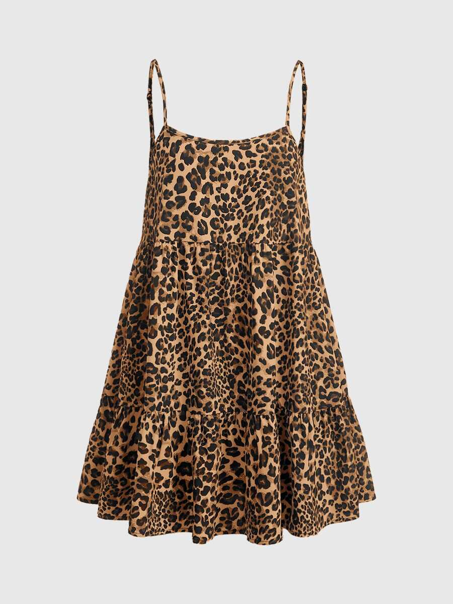 SHEIN EZwear Summer Leopard Print Woven Sleeveless Mini Dress For Women,Sun Dresses For Women