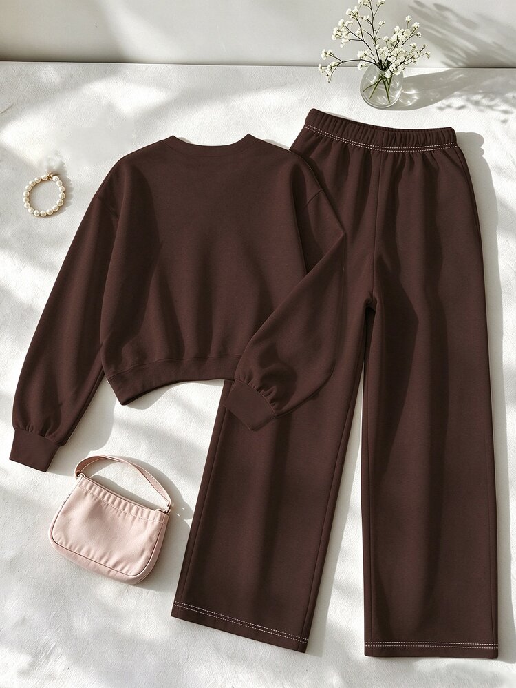 Tween Girls 2 Pcs Puppy Print Crew Neck Sweatshirt & Wide Leg Pants Set, Brown Pink, Fall Sets Outfit - Multicolor - View 2