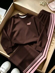 Tween女孩 2件組小狗印花圓領衛衣與寬腿長褲套裝，棕色粉色，秋季套裝穿搭 - 彩色 - 查看 4
