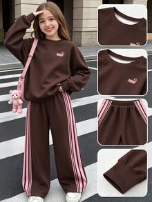 Tween女孩 2件組小狗印花圓領衛衣與寬腿長褲套裝，棕色粉色，秋季套裝穿搭 - 彩色 - 查看 3