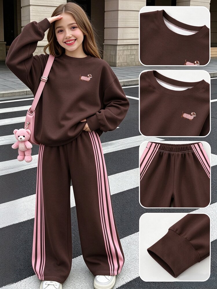 Tween Girls 2 Pcs Puppy Print Crew Neck Sweatshirt & Wide Leg Pants Set, Brown Pink, Fall Sets Outfit - Multicolor - View 3