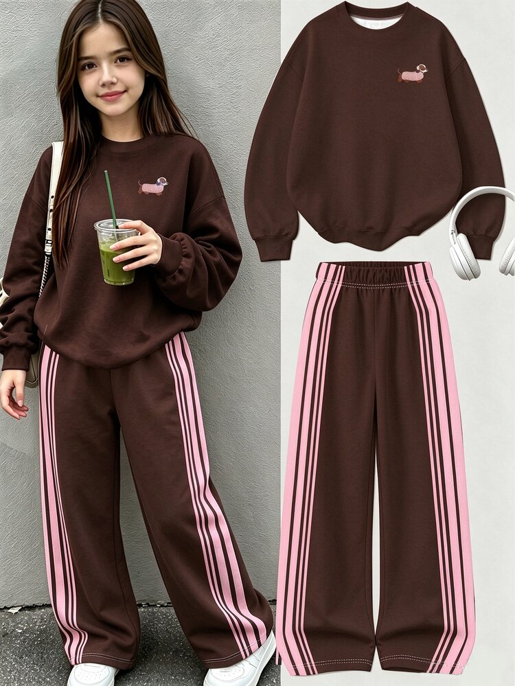 Tween Girls 2 Pcs Puppy Print Crew Neck Sweatshirt & Wide Leg Pants Set, Brown Pink, Fall Sets Outfit - Multicolor - View 1