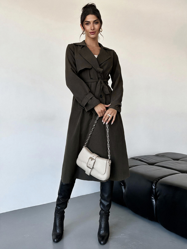 Firerie Elegant Business Casual Waist Cinched A-Line Long Sleeve Trench Coat, Autumn/Winter,Graduation Everyday,Teacher Outfits For Women,Back To School Khaki - Chocolate Brown - View 4