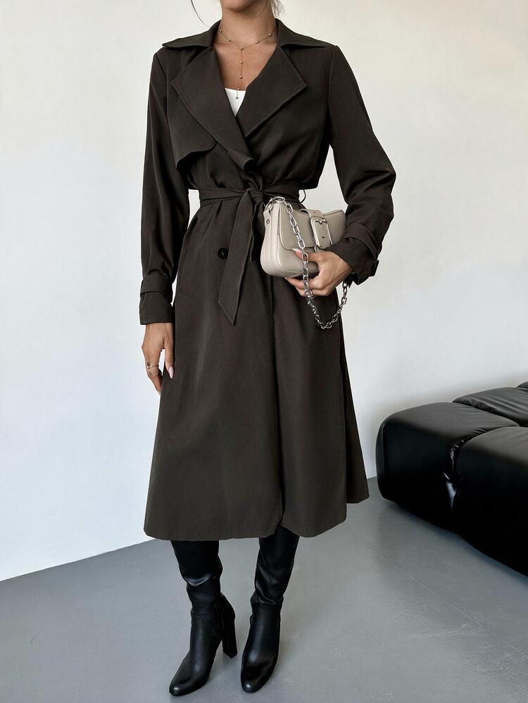Firerie Elegant Business Casual Waist Cinched A-Line Long Sleeve Trench Coat, Autumn/Winter,Graduation Everyday,Teacher Outfits For Women,Back To School Khaki - Chocolate Brown - View 3