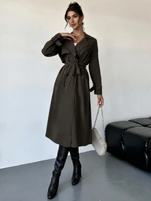 Firerie 優雅商務休閒收腰A字長袖風衣，秋冬款，畢業季日常穿搭，女教師穿搭，返校卡其色 - 巧克力棕 - 查看 5
