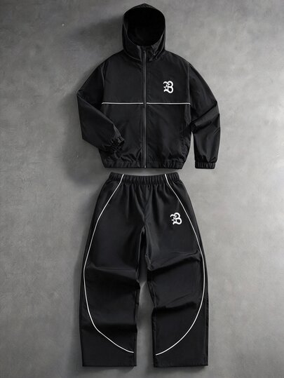 SHEIN Kids Tween Boys Casual Sports Black Jacket Hoodie Sweatshirt Cargo Pants Set, Suitable For Fall/Winter, School, Family Gathering, Vacation Party, FallOutfit, WinterOutfit, Boys Outfit Kids Set