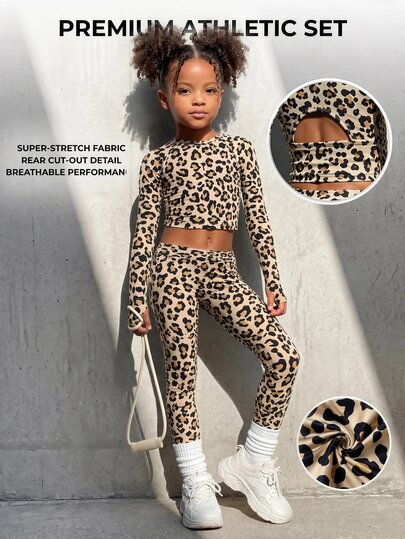 SHEIN 2 Pc Young Girls Sporty Casual Elegant Exquisite Slim Fit Comfortable Knitted Khaki Leopard Print Long Sleeve Pants Set Suitable For Gymnastics Suitable For Dancing Suitable For Indoor Sports Training Suitable For Stage Performance Suitable For Spring Suitable For Summer Suitable For All Seasons Indoor