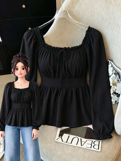 GlowEve CURVE Plus Size Women's Elegant Solid Color Textured Pleated Hollow Out Open Back Blouse With Bowknot Square Neck Lantern Sleeves Cinched Waist Ruffle Hem, Suitable For Casual Daily Wear, Beach Vacation, Dating
