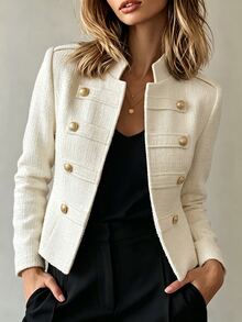 SHEIN 白色優雅時尚戶外商務通勤辦公宴會裝飾扣立領長袖女款粗花呢外套 - 白色 - 查看 5