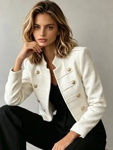 SHEIN 白色優雅時尚戶外商務通勤辦公宴會裝飾扣立領長袖女款粗花呢外套 - 白色 - 查看 7