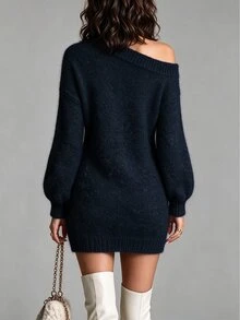 SHEIN 秋冬咖啡色不規則露肩寬鬆長版針織毛衣 - 藏蓝色 - 查看 2