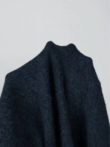 SHEIN 秋冬咖啡色不規則露肩寬鬆長版針織毛衣 - 藏蓝色 - 查看 5