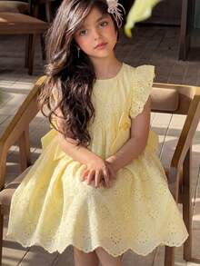 Elladie kids Girls' Summer Hollow Polka Dot Square Collar Flutter Sleeve Princess Dress,Party Birthday School Outfit A-Line Dress With Dimensional Bow Decor - Yellow - View 4