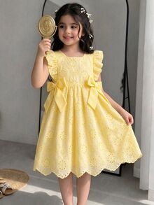 Elladie kids Girls' Summer Hollow Polka Dot Square Collar Flutter Sleeve Princess Dress,Party Birthday School Outfit A-Line Dress With Dimensional Bow Decor - Yellow - View 2