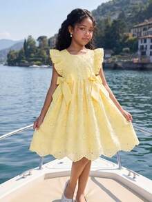 Elladie kids Girls' Summer Hollow Polka Dot Square Collar Flutter Sleeve Princess Dress,Party Birthday School Outfit A-Line Dress With Dimensional Bow Decor - Yellow - View 5