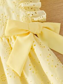 Elladie kids Girls' Summer Hollow Polka Dot Square Collar Flutter Sleeve Princess Dress,Party Birthday School Outfit A-Line Dress With Dimensional Bow Decor - Yellow - View 7