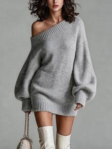 SHEIN 秋冬咖啡色不規則露肩寬鬆長版針織毛衣 - 淺灰色 - 查看 1