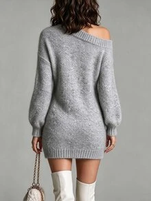 SHEIN 秋冬咖啡色不規則露肩寬鬆長版針織毛衣 - 淺灰色 - 查看 2