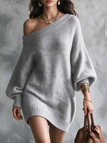 SHEIN 秋冬咖啡色不規則露肩寬鬆長版針織毛衣 - 淺灰色 - 查看 6