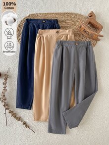 SHEIN 3件組男童長褲，秋冬日常休閒極簡西裝風，寬鬆基本色彈性腰頭，棉混紡高品質長褲，適合日常上學、休閒、戶外 - 彩色 - 查看 4