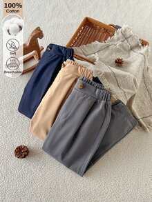 SHEIN 3件組男童長褲，秋冬日常休閒極簡西裝風，寬鬆基本色彈性腰頭，棉混紡高品質長褲，適合日常上學、休閒、戶外 - 彩色 - 查看 5