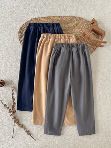 SHEIN 3件組男童長褲，秋冬日常休閒極簡西裝風，寬鬆基本色彈性腰頭，棉混紡高品質長褲，適合日常上學、休閒、戶外 - 彩色 - 查看 3