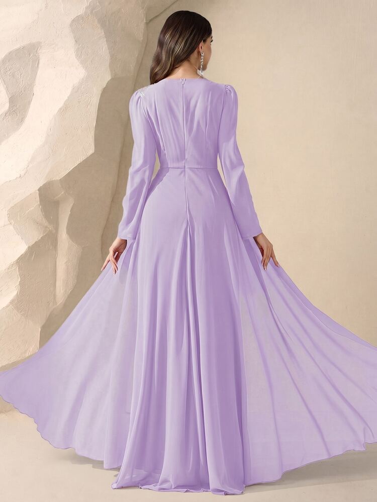 Coutiva Evening Gown Ball Sequin Embroidered Long Sleeve High-End Elegant Romantic Socialite Luxury Formal Graduation Olive Green Fall - Dark Purple - View 2