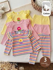 SHEIN Baju Atasan Lengan Panjang Rajut Kasual Warna Polos Lucu dan Serbaguna untuk Bayi Perempuan Musim Gugur/Dingin, 3 Potong - MultiWarna - View 1